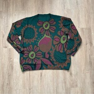 Green Floral Print Crewneck Knit Sweater Boho Eccentric